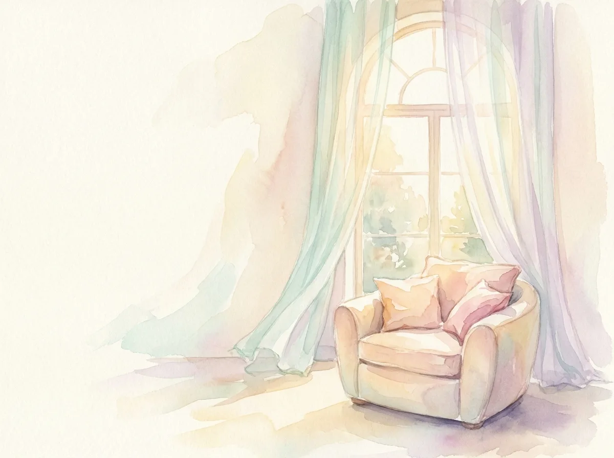 Aquarelle pastel : un fauteuil accueillant près d'une grande fenêtre baignée de lumière du matin