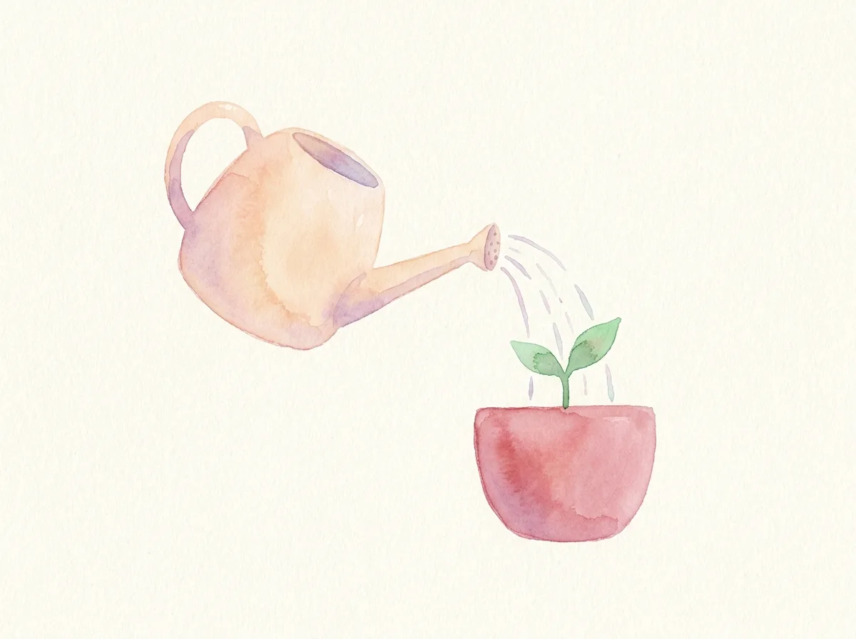 Aquarelle pastel : un petit arrosoir arrose une jeune pousse dans un pot rose