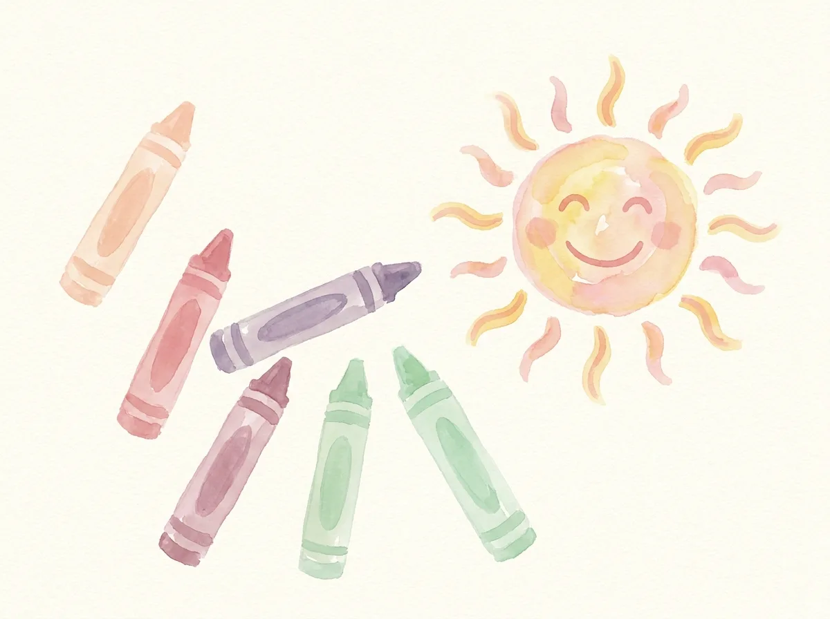 Aquarelle pastel : des crayons de cire éparpillés à côté d'un dessin de soleil souriant
