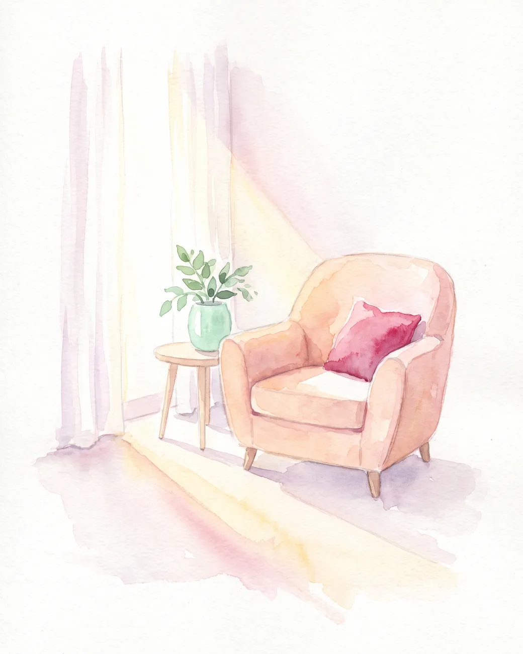 Aquarelle pastel : un coin de cabinet baigné de lumière du matin, fauteuil doux, voilage et coussin framboise