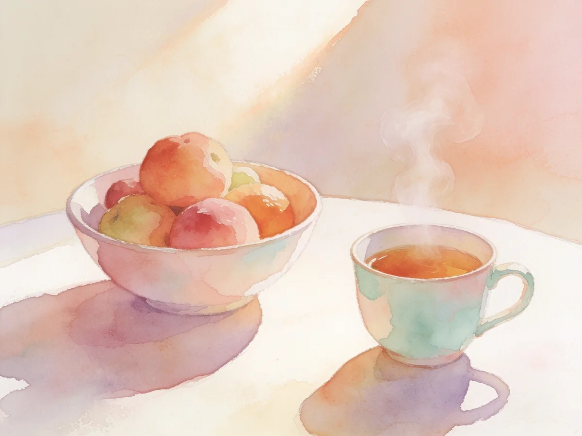 Aquarelle pastel : un bol de fruits et une tasse de thé fumante sur une table au matin