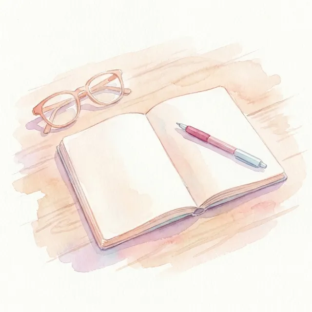Aquarelle : un carnet ouvert, un stylo et des lunettes posées
