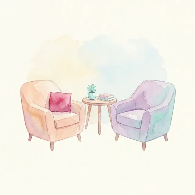 Aquarelle : deux fauteuils face à face, une table basse et un coussin framboise