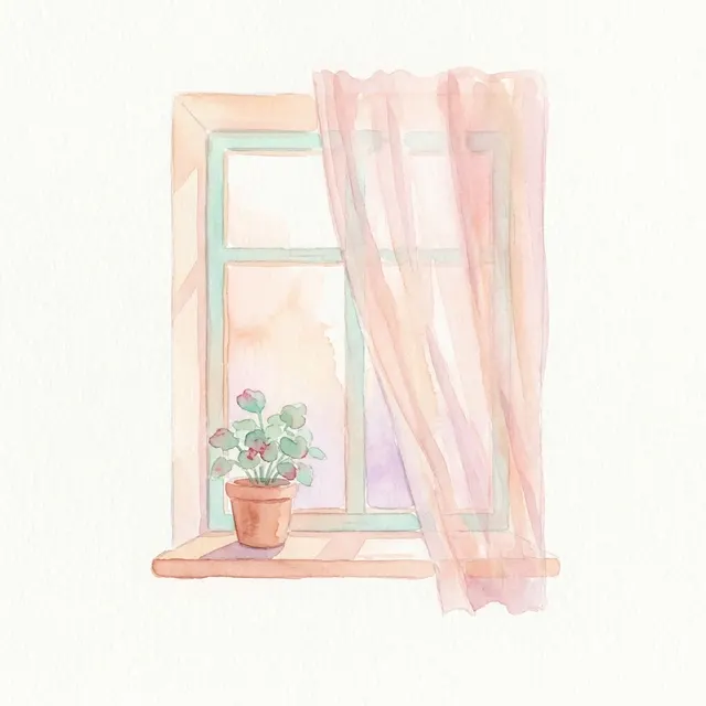 Aquarelle : une fenêtre au matin, un rideau léger et une plante sur le rebord