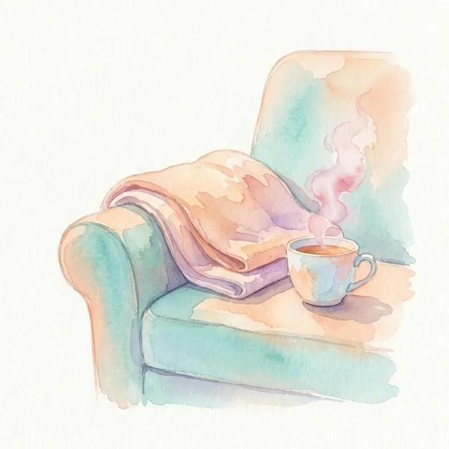 Aquarelle : un plaid plié et une tasse fumante sur l'accoudoir d'un fauteuil