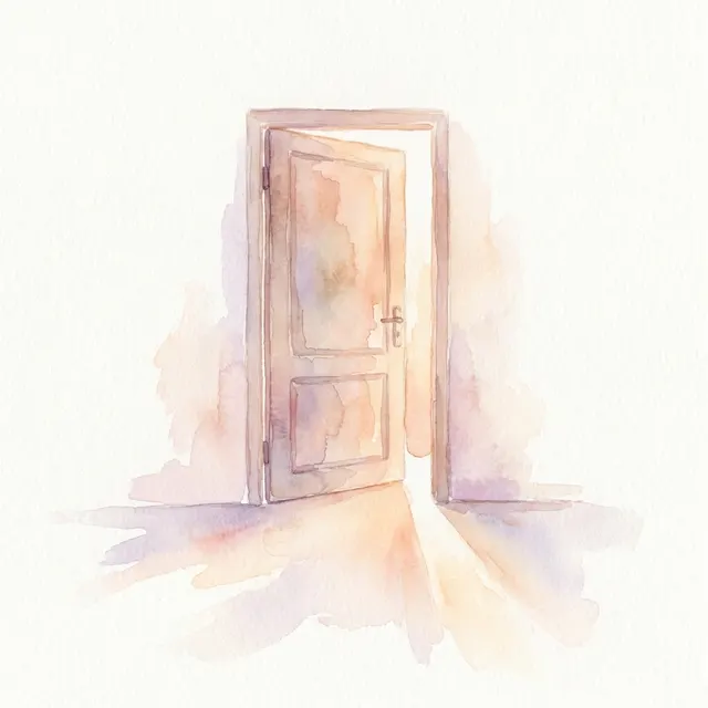 Aquarelle : une porte entrouverte d'où entre la lumière du matin